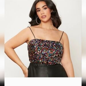 SHEIN BAE Plus Zip Back Crop Rainbow Sequin Cami Top